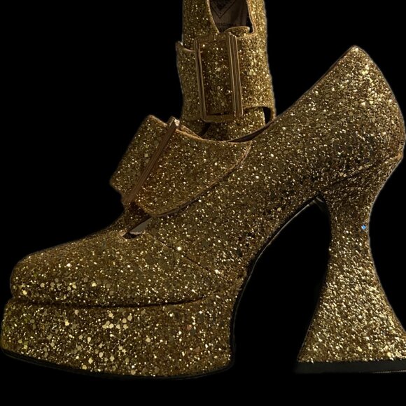 John Fluevog Gold Mega Munster Original Baroque Platform Heels - Picture 3 of 17